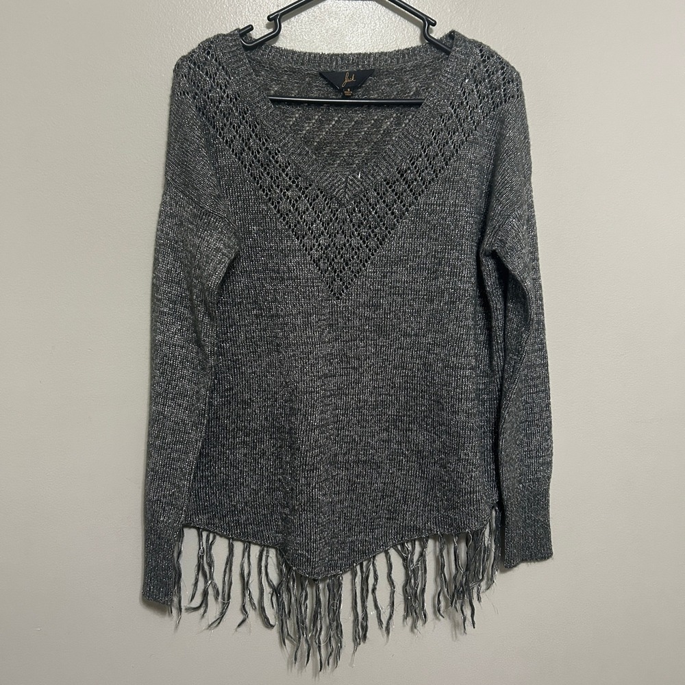 Jack Fringe V-Neck Sweater Womens S Grey Metallic Open Knit Boho Edgy Festival